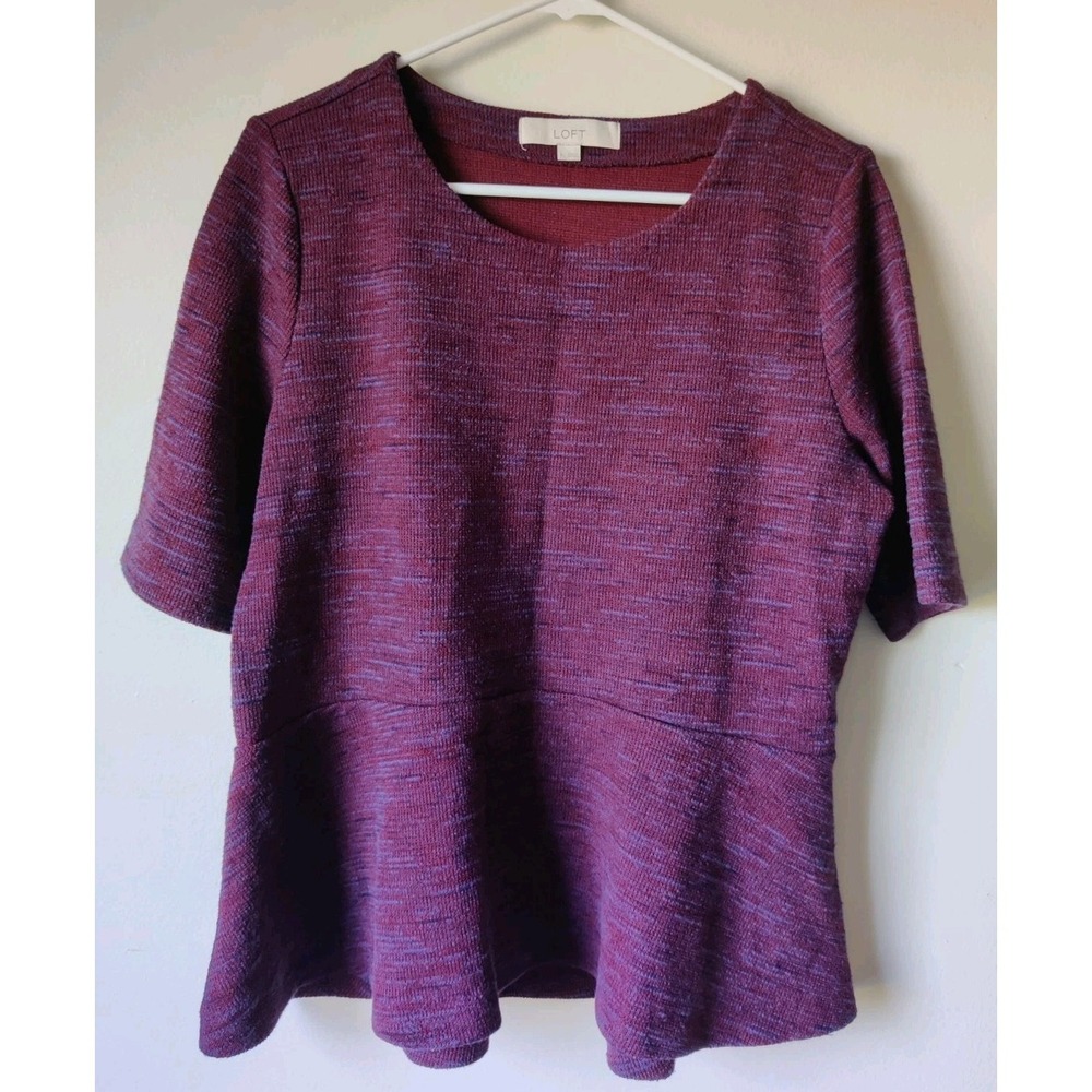 Ann Taylor Loft Peplum Tweed‎ Sweater Top Short Sleeve Burgundy Women's Size L